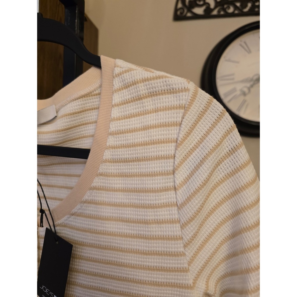 Joe's Jeans Waffle Knit Henley Top Striped Short Sleeve Cream Tan Size Large - Picture 3 of 7